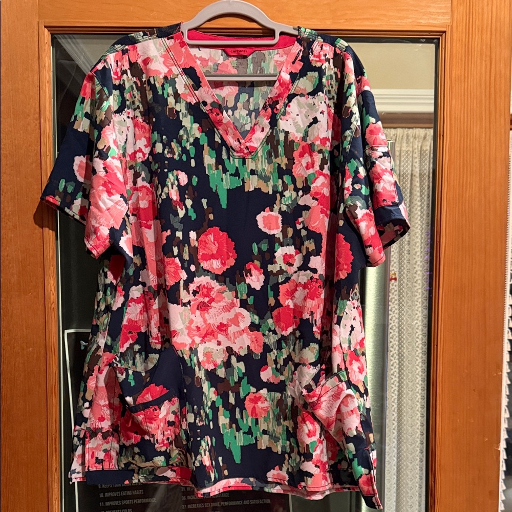 Carhartt Floral V-Neck Blouse - Pink and Green on Navy